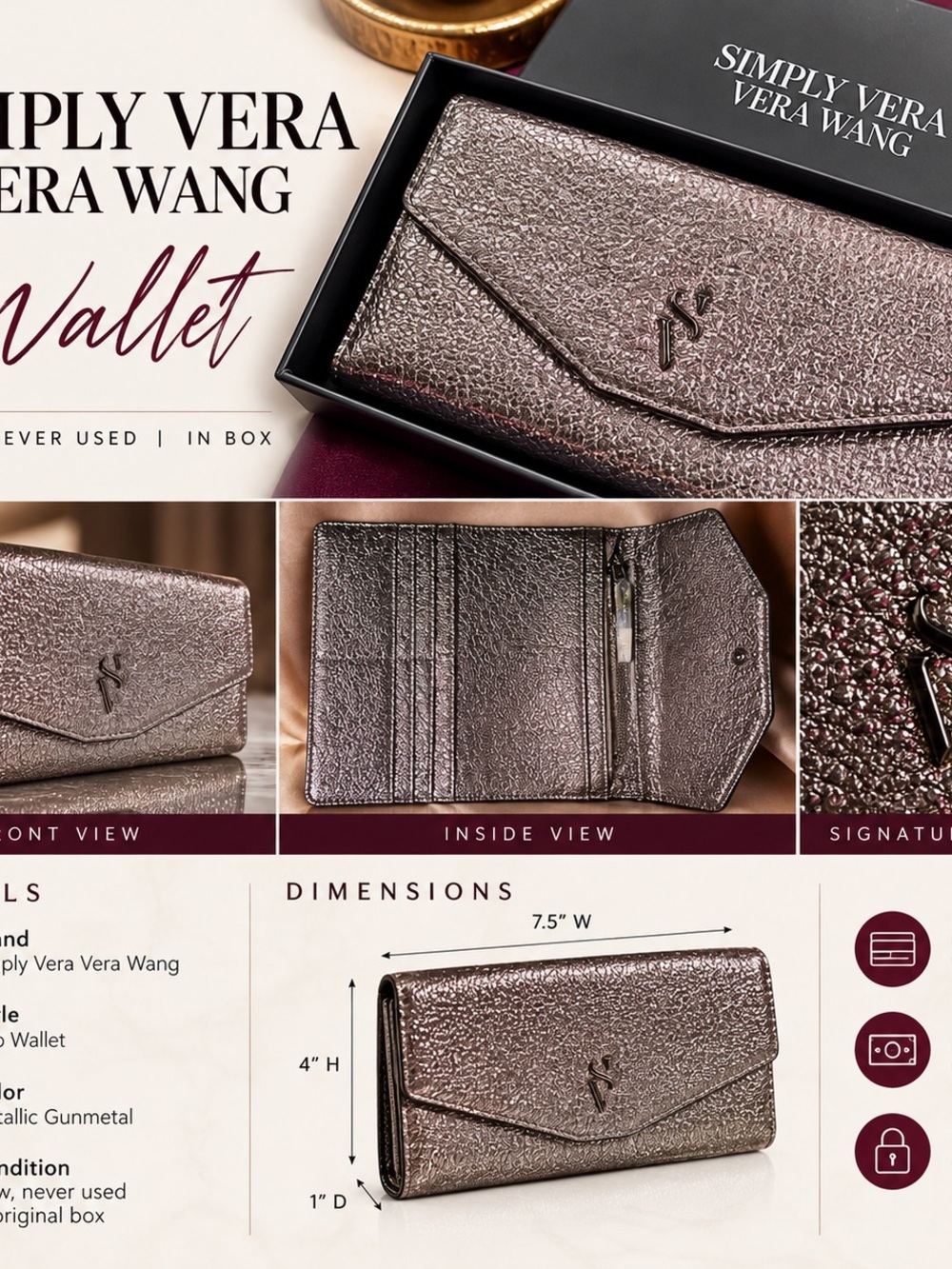 Simply Vera Vera Wang Metallic Gunmetal Envelope Wallet